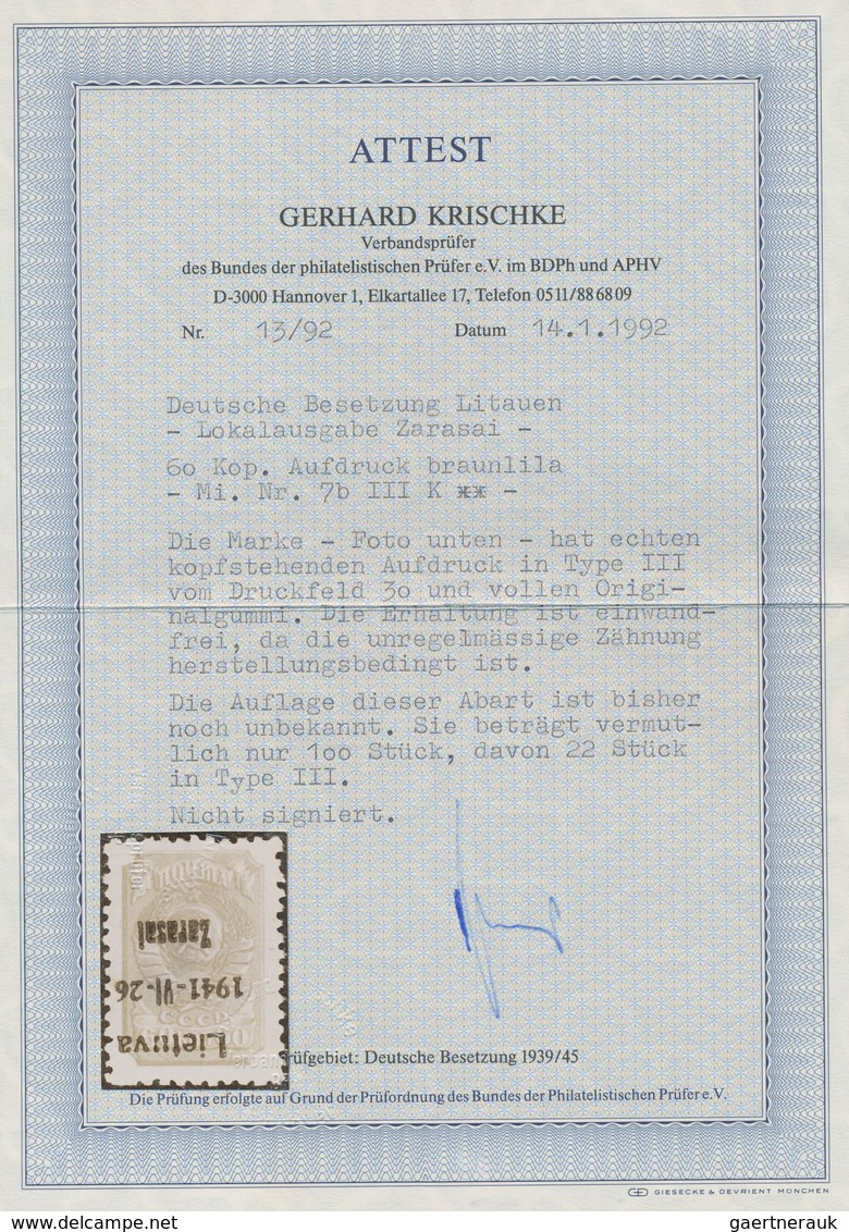 Dt. Besetzung II WK - Litauen - Zargrad (Zarasai): 1941, 60 K Karmin Freimarke "Werktätige", Aufdruc - Occupazione 1938 – 45