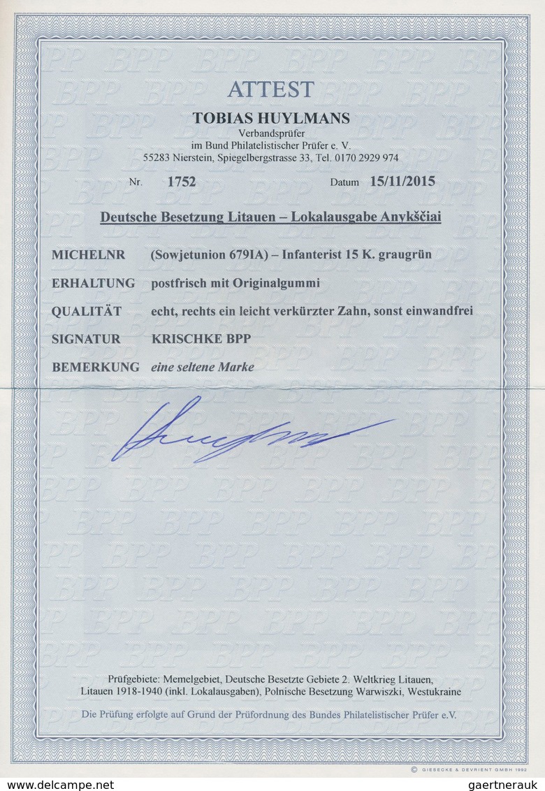 Dt. Besetzung II WK - Litauen - Lokalausgabe Onikschten (Anykšciai): 1941, 15 K Dunkelgraugrün Freim - Occupation 1938-45
