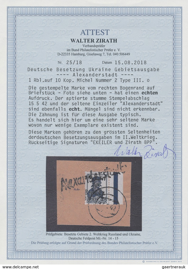 Dt. Besetzung II WK - Ukraine - Alexanderstadt: 1942, 1 R Auf 10 K Dkl'preussischblau, Marke Vom Rec - Occupation 1938-45