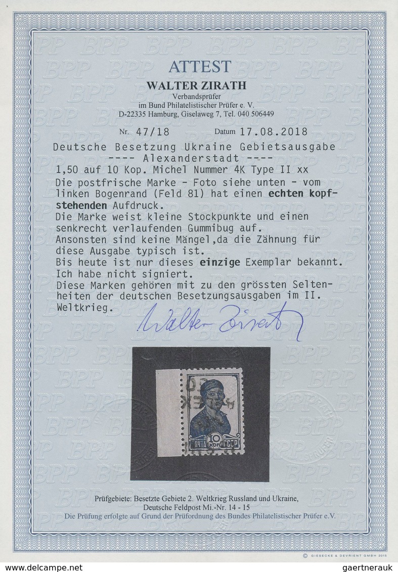 Dt. Besetzung II WK - Ukraine - Alexanderstadt: 1942, 1,50 R Auf 10 K Dkl'preussischblau, Type II, M - Occupation 1938-45