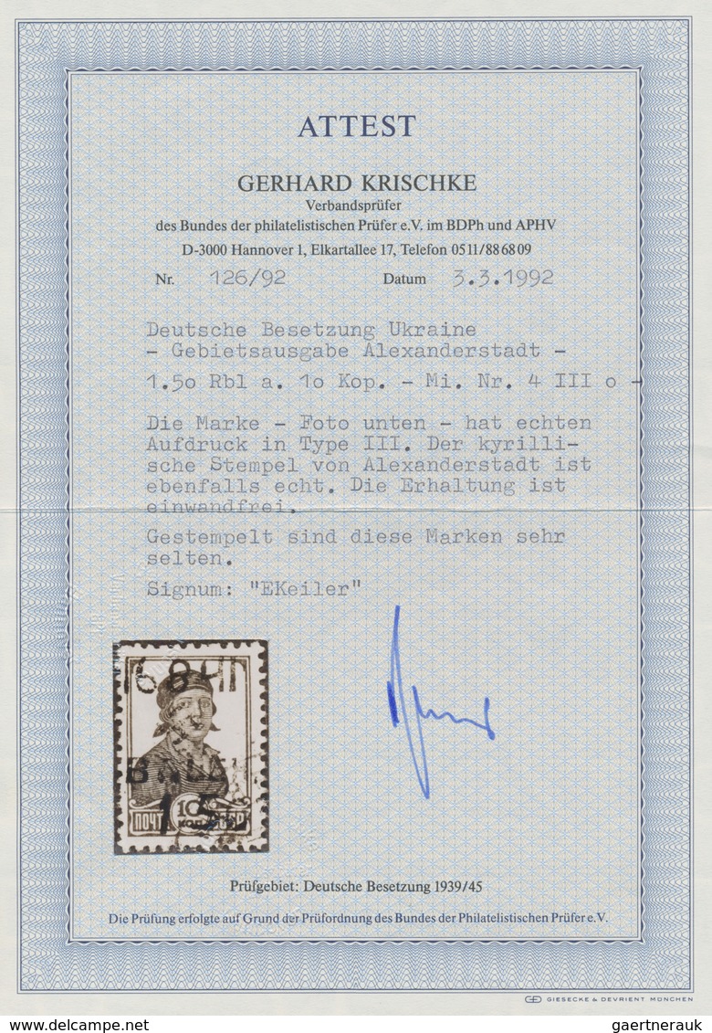 Dt. Besetzung II WK - Ukraine - Alexanderstadt: 1942, 1,50 R Auf 10 K Dunkelpreußischblau, Mit Hands - Occupation 1938-45