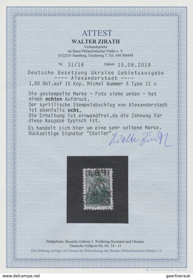 Dt. Besetzung II WK - Ukraine - Alexanderstadt: 1942, 1,50 R Auf 15 K Dunkelgraugrün, Mit Handstempe - Occupation 1938-45