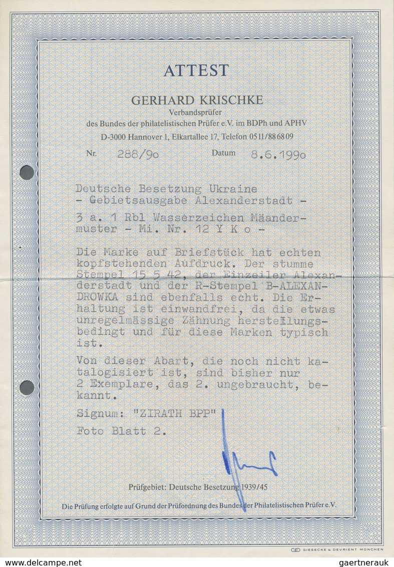 Dt. Besetzung II WK - Ukraine - Alexanderstadt: 1942, 3 R Auf 1 R Schwärzlichblau, Type III, Wz. "Mä - Occupation 1938-45