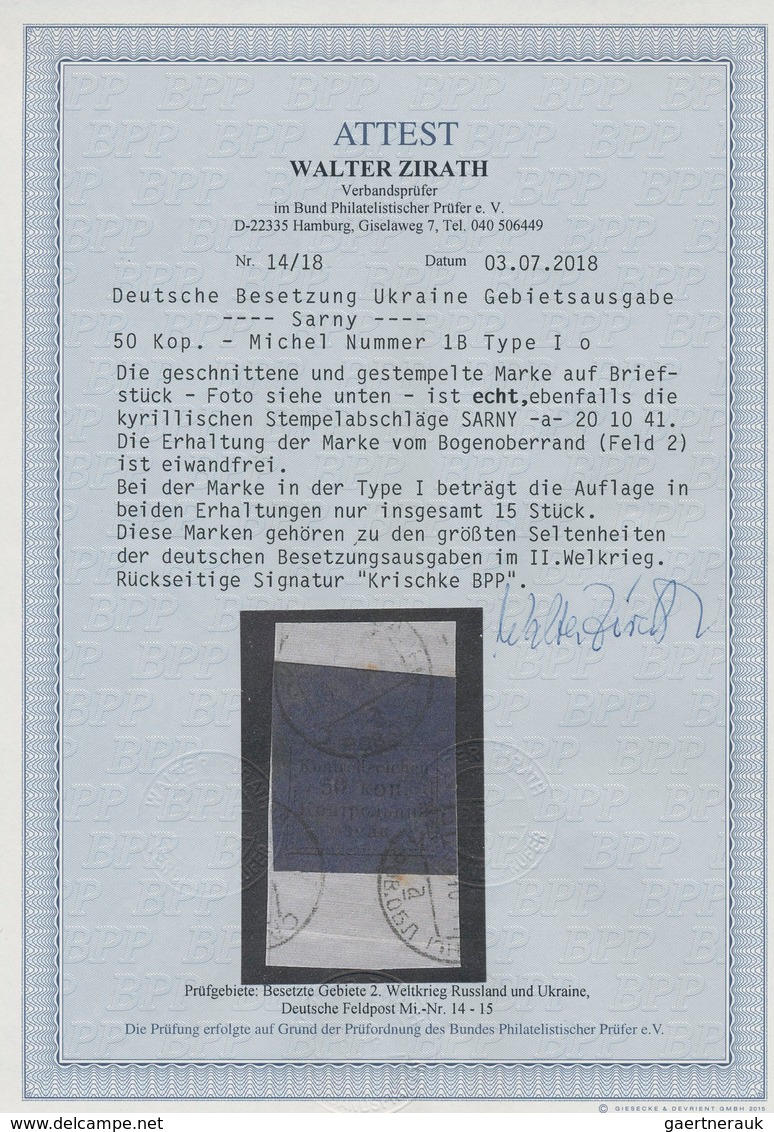 Dt. Besetzung II WK - Ukraine - Sarny: 1941, 50 K Schwarz Auf Dunkelblaugrau, Type I, UNGEZÄHNT Vom - Occupation 1938-45