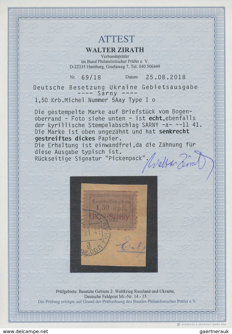 Dt. Besetzung II WK - Ukraine - Sarny: 1941, 1,50 Krb Schwarz Auf Mittelockerbraun, Type I, Senkrech - Occupation 1938-45