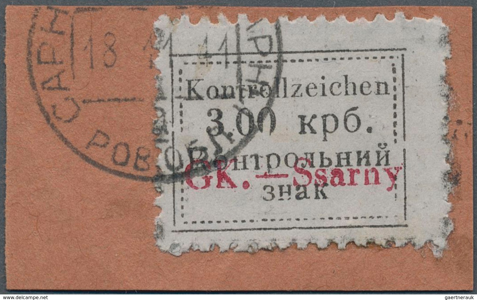 Dt. Besetzung II WK - Ukraine - Sarny: 1941, 3,00 Krb Schwarz Auf Mattgrau, Entwertet Mit Kyrillisch - Occupation 1938-45