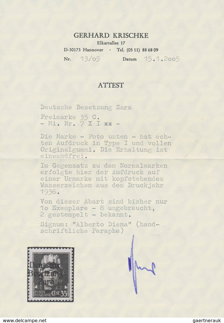 Dt. Besetzung II WK - Zara: 1943, 35 C Schwärzlichkobalt, Aufdruck Type I, Mit KOPFSTEHENDEM Wasserz - Occupation 1938-45