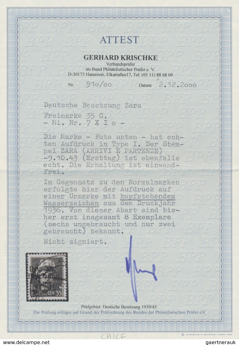 Dt. Besetzung II WK - Zara: 1943, 35 C Schwärzlichkobalt, Aufdruck Type I, Mit KOPFSTEHENDEM Wasserz - Occupation 1938-45