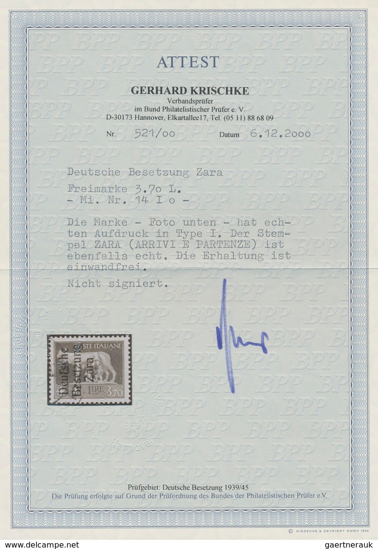 Dt. Besetzung II WK - Zara: 1943, 3,70 Lire Dunkelbläulichviolett, Aufdruck Type I, Gebraucht Mit Te - Occupation 1938-45