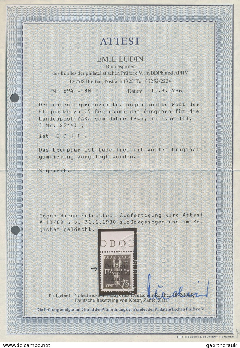 Dt. Besetzung II WK - Zara: 1943, 75 C Schwärzlichbraunorange Flugpostmarke Vom Oberrand, Aufdruck T - Occupation 1938-45