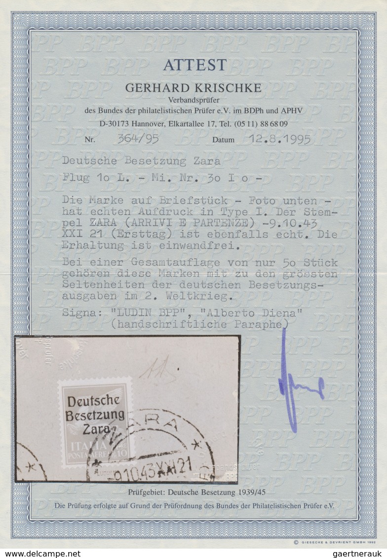 Dt. Besetzung II WK - Zara: 1943, 10 Lire Schwärzlichrosa Flugpostmarke, Aufdruck Type I, Entwertet - Occupation 1938-45