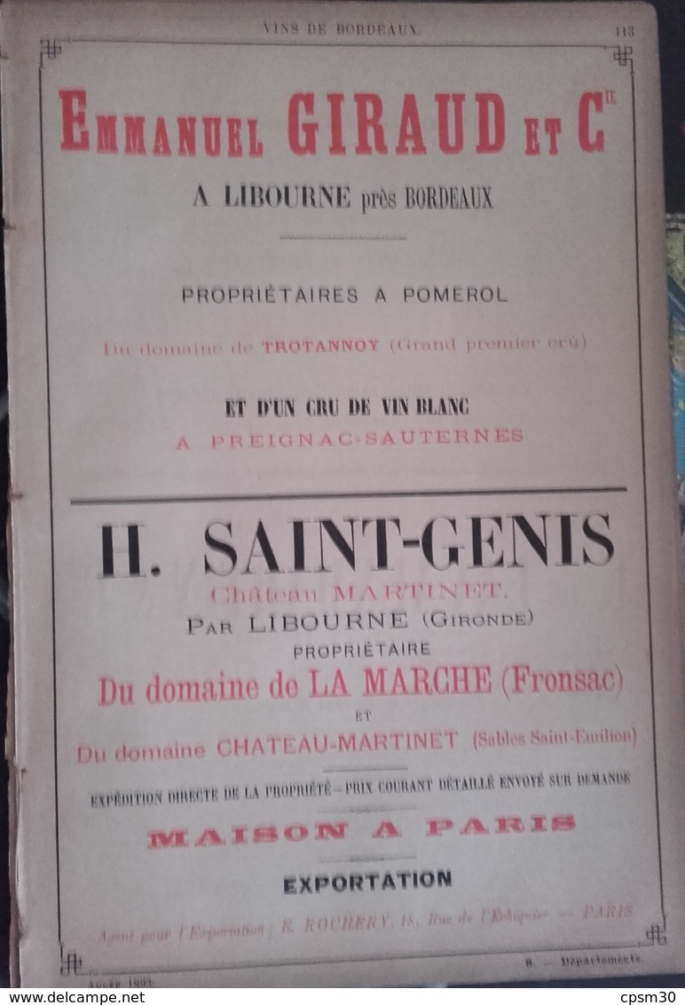 PUB 1893 - Deux F - Vins De Bordeaux Buisson, Douat, A. Vegua, E. Giraud, H. St-Genis, H. De Jaurias, E. De Lavauxmartin - Advertising