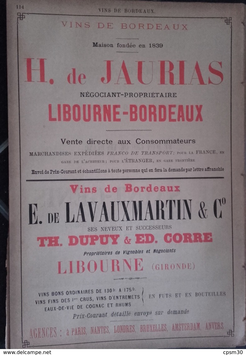 PUB 1893 - Deux F - Vins De Bordeaux Buisson, Douat, A. Vegua, E. Giraud, H. St-Genis, H. De Jaurias, E. De Lavauxmartin - Advertising