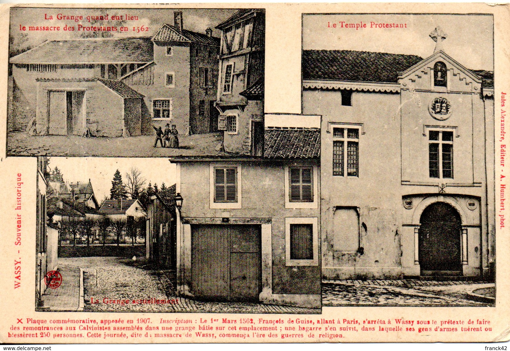 52. Wassy. Souvenir Historique. Grange, Temple Protestant - Wassy