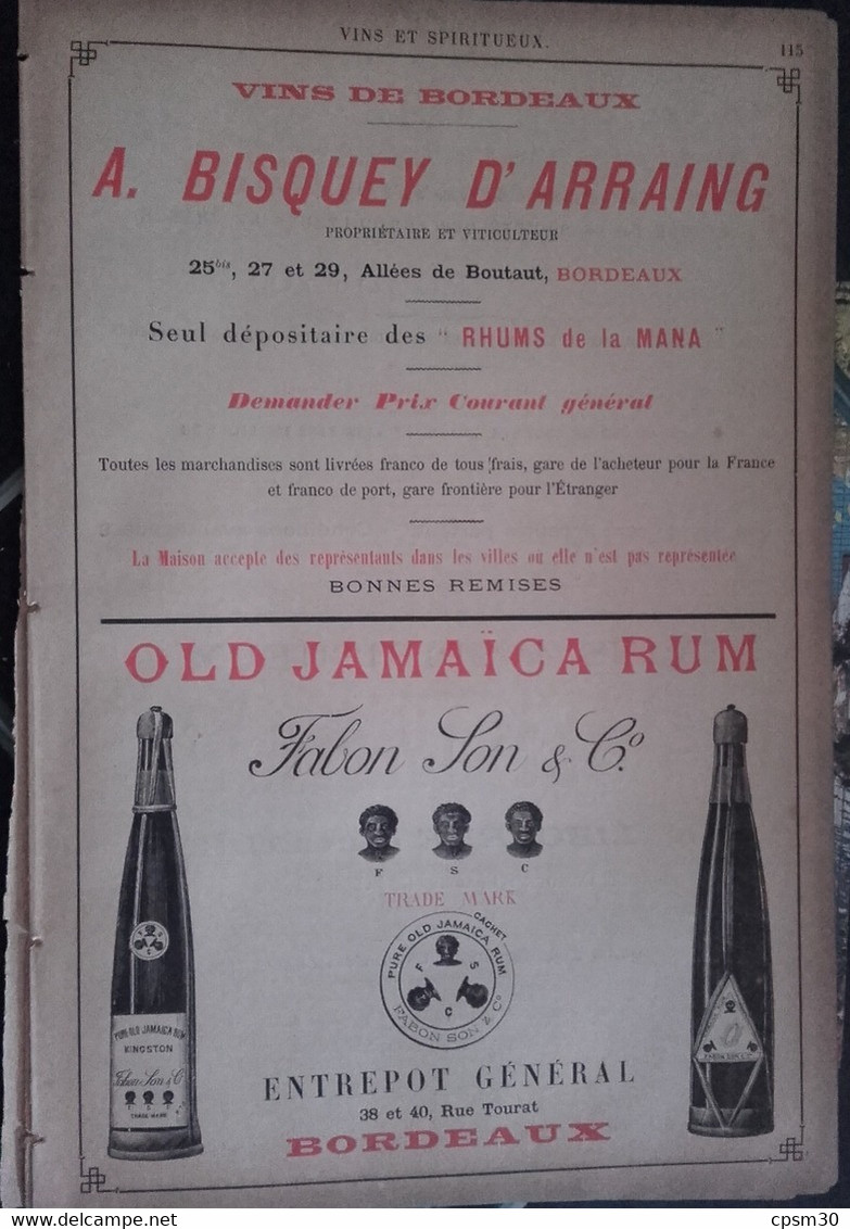 PUB 1893 - Deux F - Vins Spiritueux A. Bisquey D'Arraing, Old Jamaica Rum Fabon Son, A. Lambert, E. Magen - Advertising