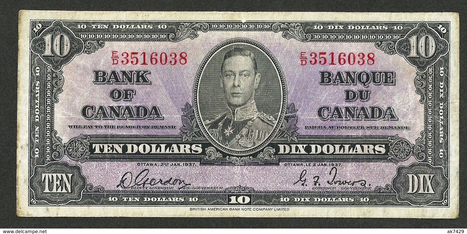 CANADA 10 DOLLARS 1937 GORDON & TOWERS P-61b Very Fine - E/D Prefix 6516038 - Canada