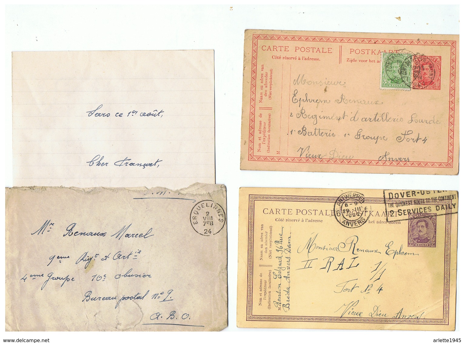 CARTES  POSTALES ET LETTRE CORRESPONDANCE MILITAIRE  POUR VIEU DIEU ANVERS ET BUREAU POSTAL N°9 - 1914-18