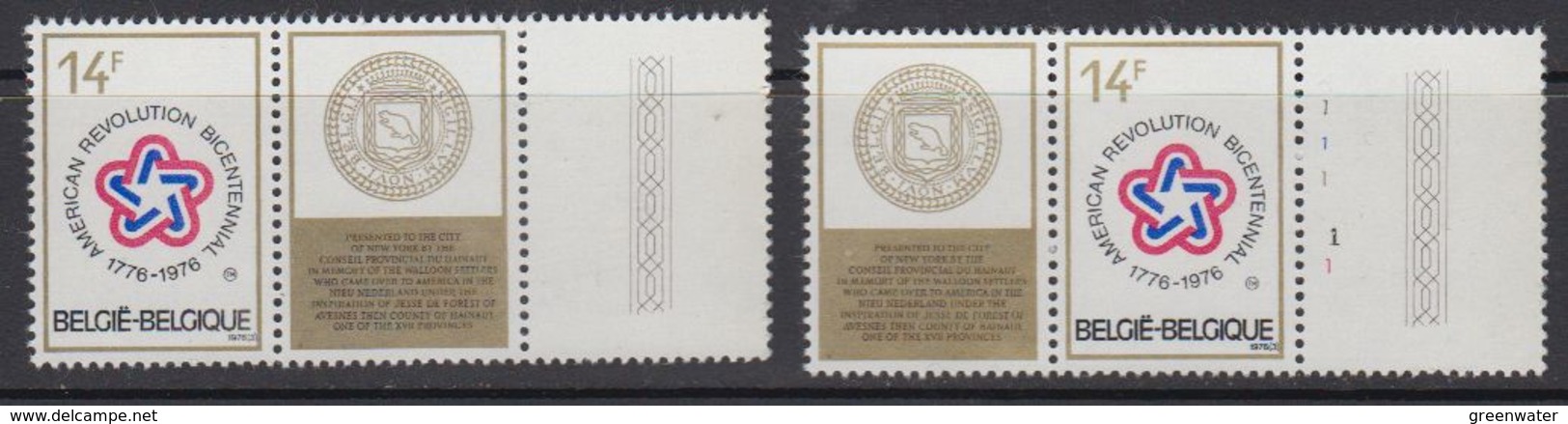 Belgium 1976 American Revolution 2x1v + Label (1 With Plate Number) ** Mnh (41308A) - Nuevos