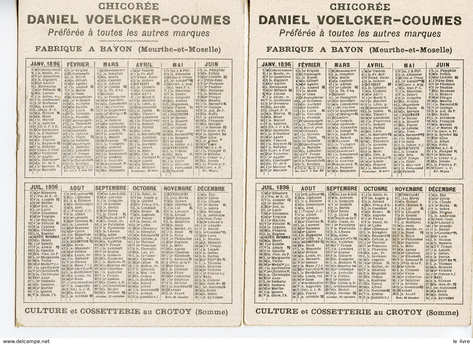 149LOT 2 CALENDRIERS 1896 FORMAT CPA CHANSONS LA CASQUETTE ET COLAS CHICOREE VOLCKER-COUMES A BAYON (MEURTHE ET MOSELLE) - Publicité