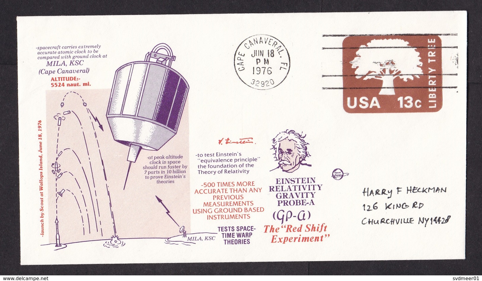 USA: Stationery Cover, 1976, Launch Cape Canaveral, Einstein, Space-time Warp Theory, Experiment (traces Of Use) - Brieven En Documenten