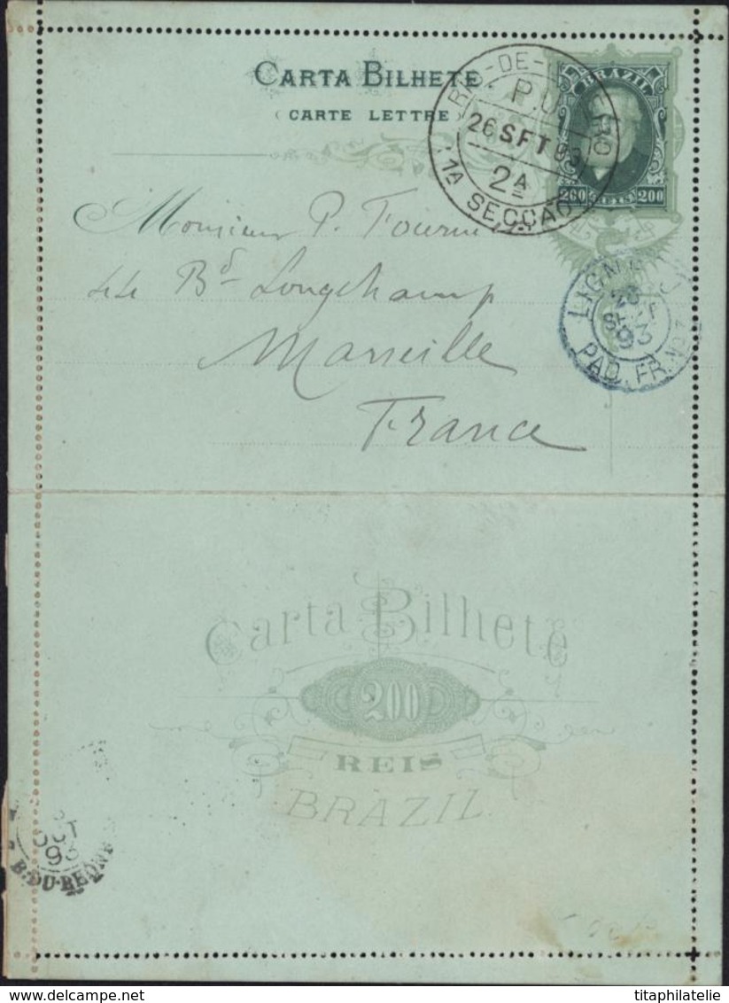 Entier Carta Bilhete Carte Lettre Brazil  Empereur Pedro II Rio Janeiro 1893 Maritime Ligne J Paq FR3 Texte Révolution - Lettres & Documents