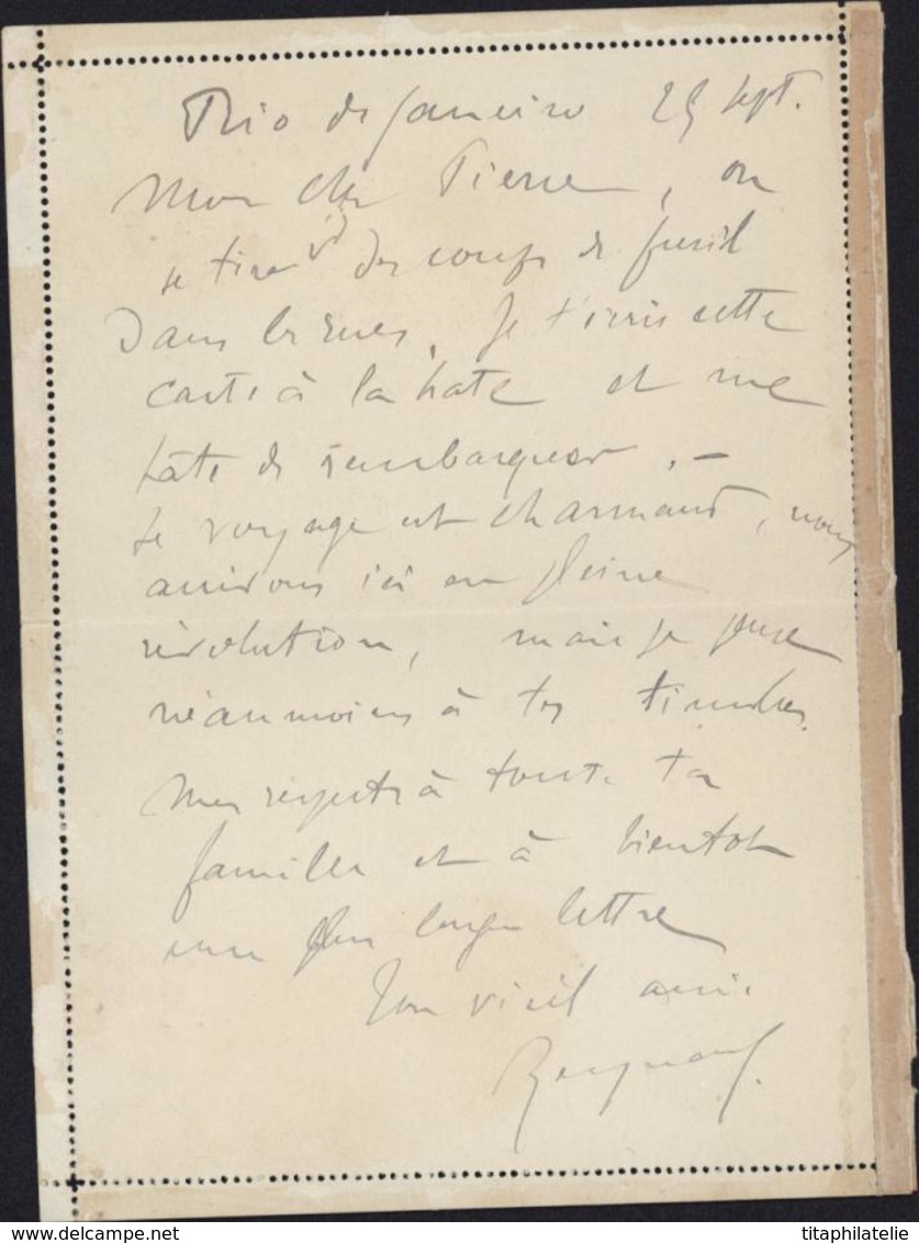 Entier Carta Bilhete Carte Lettre Brazil  Empereur Pedro II Rio Janeiro 1893 Maritime Ligne J Paq FR3 Texte Révolution - Lettres & Documents