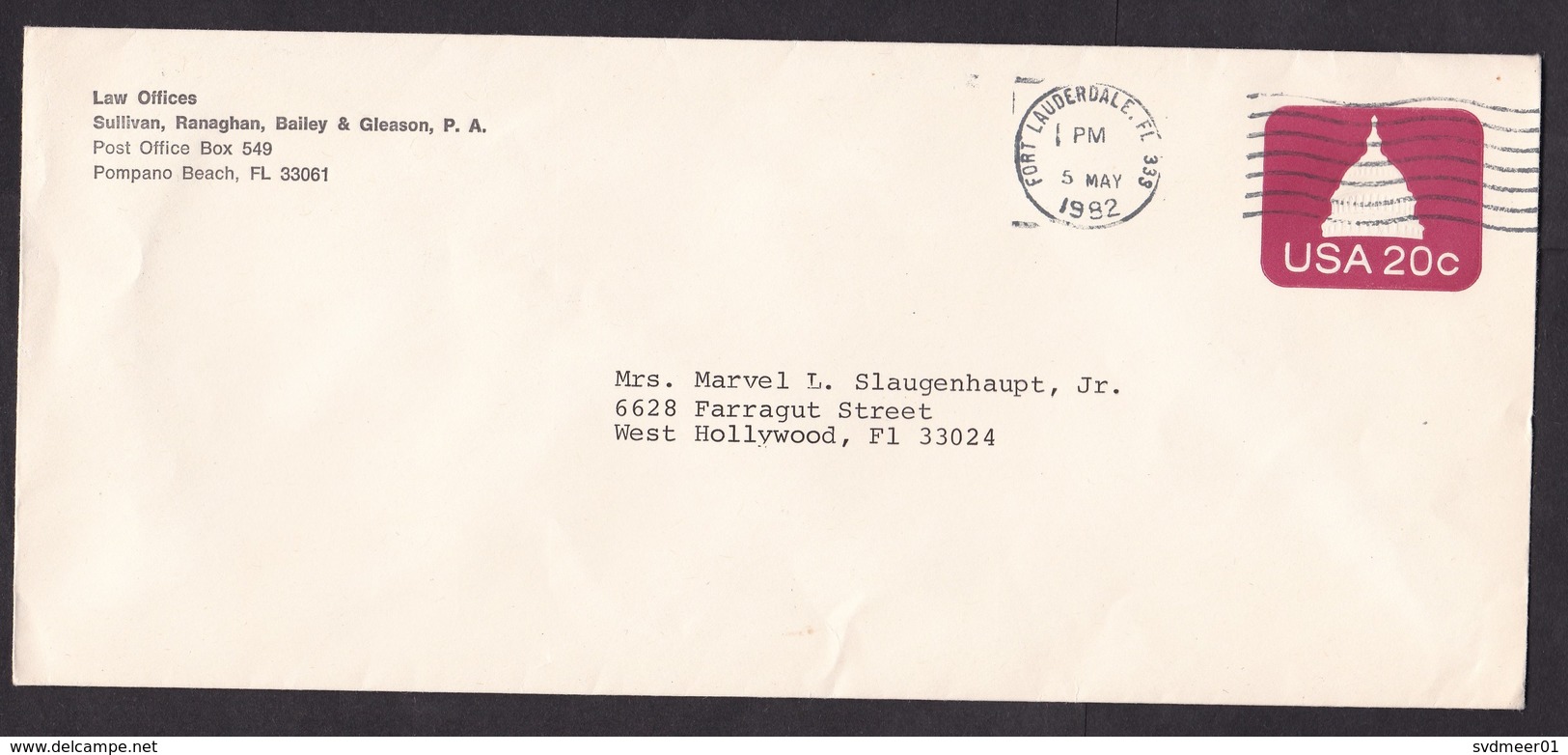 USA: Stationery Cover, 1982, Capitol, Cancel Fort Lauderdale, Sent By Law Office (traces Of Use) - Brieven En Documenten