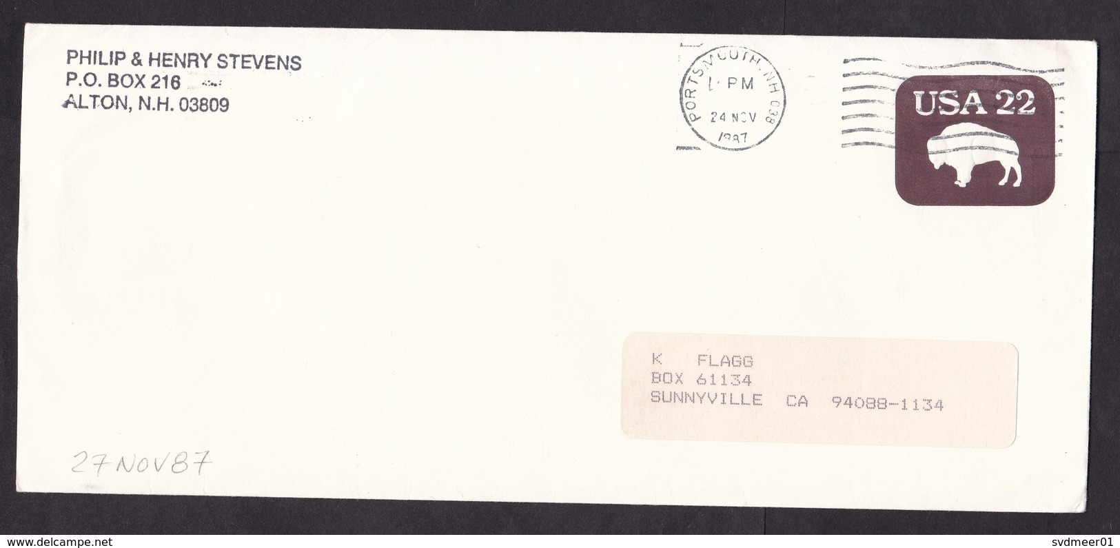 USA: Stationery Cover, 1987, Buffalo, Bison, Animal, Cancel Portsmouth (traces Of Use) - Brieven En Documenten