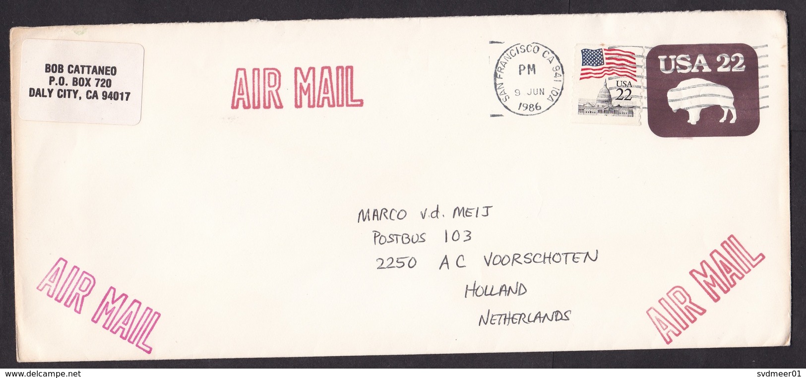 USA: Airmail Stationery Cover To Netherlands, 1986, Additional Stamp, Buffalo, Bison, Flag (minor Discolouring) - Brieven En Documenten