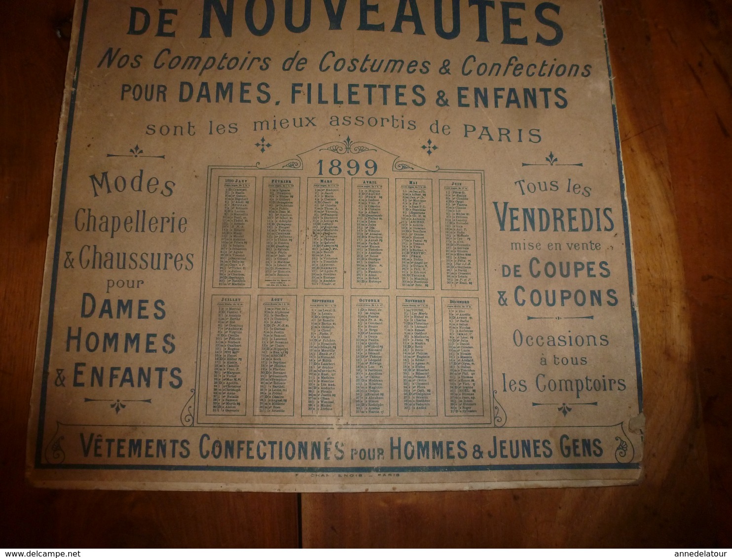 1899 Grand carton publicitaire ancien avec calendrier au dos LA SAMARITAINE -Grands Magasins de Nouveautés à PARIS..etc