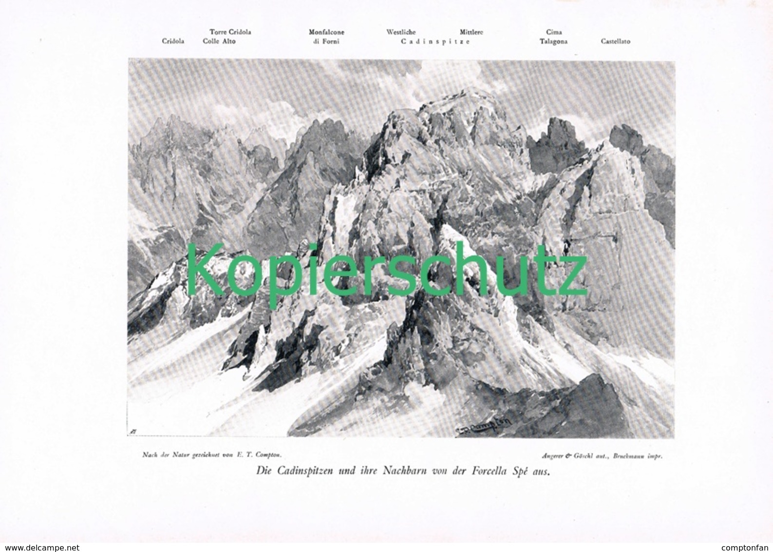 070 E.T.Compton Cadinspitzen Karnische Alpen Druck 1906 !! - Estampes & Gravures