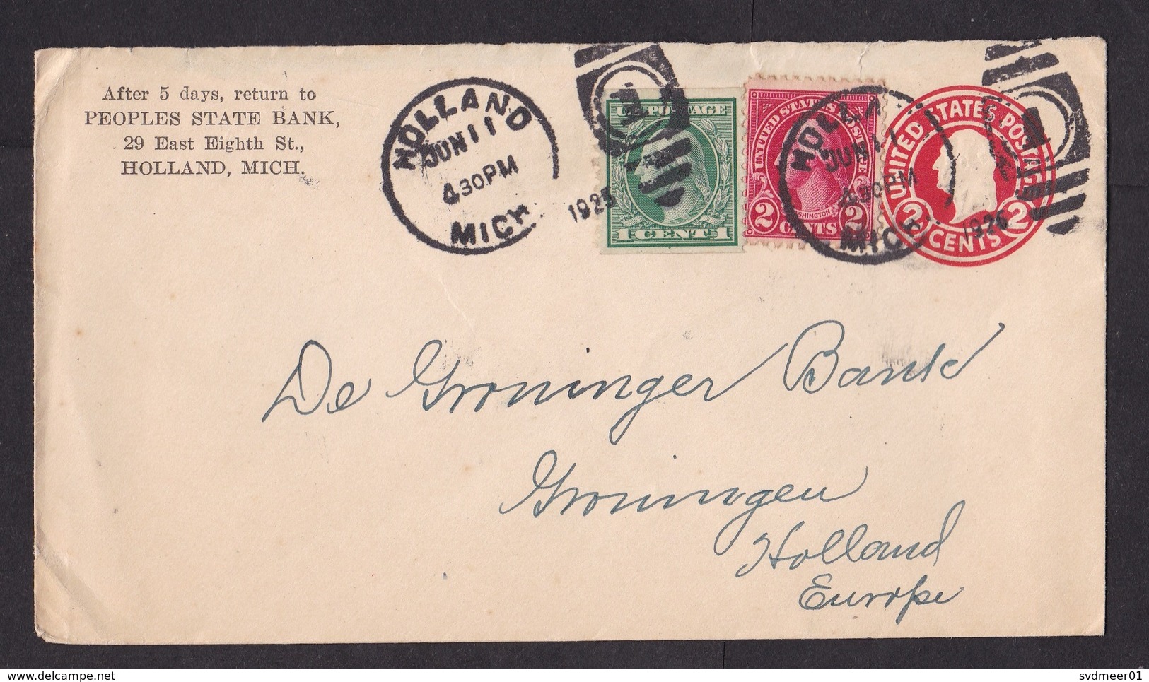 USA: Stationery Cover, 1926, 2 Extra Stamps, From Town Holland To Country Holland, Peoples State Bank (roughly Opened) - Brieven En Documenten