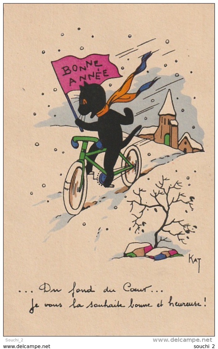 FI 10  -  CARTE  COLORISEE -  ILLUSTRATEUR RENE -  CHAT SUR VELO :"  DU FOND DU COEUR , JE VOUS LA SOUHAITE BONNE ET . " - Chats