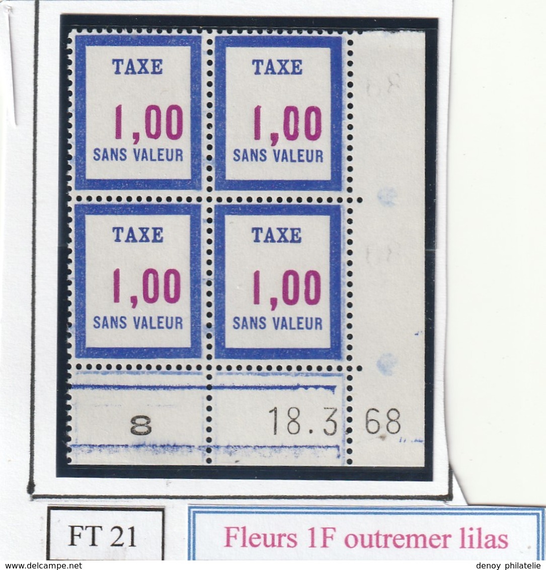 France Fictif Coin Daté Timbre Taxe Reférence Yvert Ft 21 Du 18 3 1968 - Altri & Non Classificati
