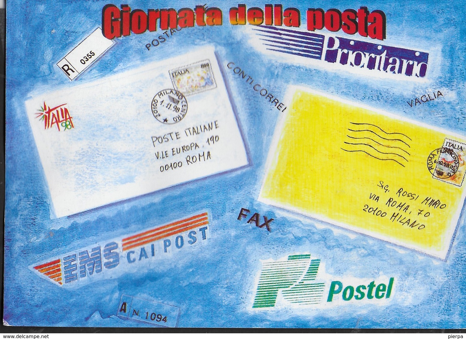 ITALIA '98 - ESPOSIZIONE MONDIALE DI FILATELIA - GIORNATA DELLA POSTA - VIAGGIATA 2000 FRANCOBOLLO ASPORTATO - Esposizioni