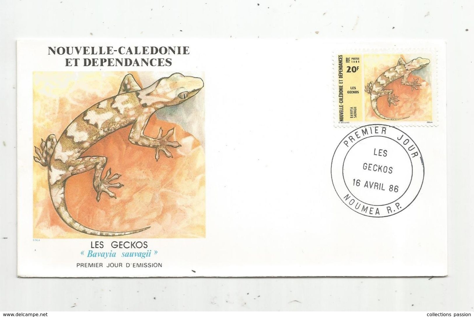 Timbre, FDC , 1 Er Jour , Nouvelle Calédonie Et Dépendances, LES GECKOS , NOUMEA, 1986 - Lettres & Documents