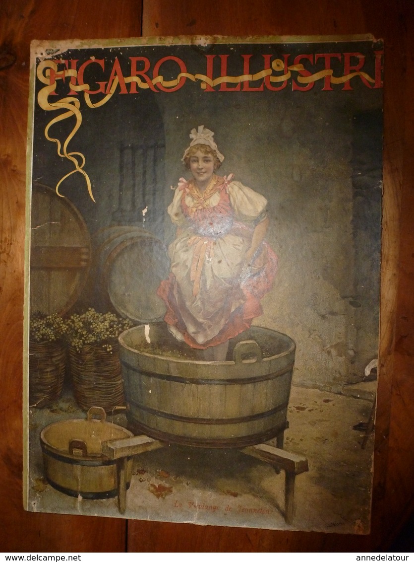 1895 Rare Plaque Publicitaire Du FIGARO ILLUSTRÉ 52x32cm :Litho:La Vendange De Jeanneton (jeune Fille Foulant Le Raisin) - Paperboard Signs