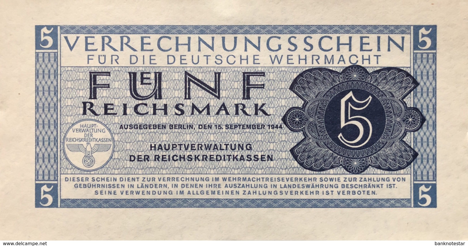 Germany 5 Reichsmark 1944 UNC, Ro.512/DWM-9 - Verrechnungsscheine - Dt. Wehrmacht