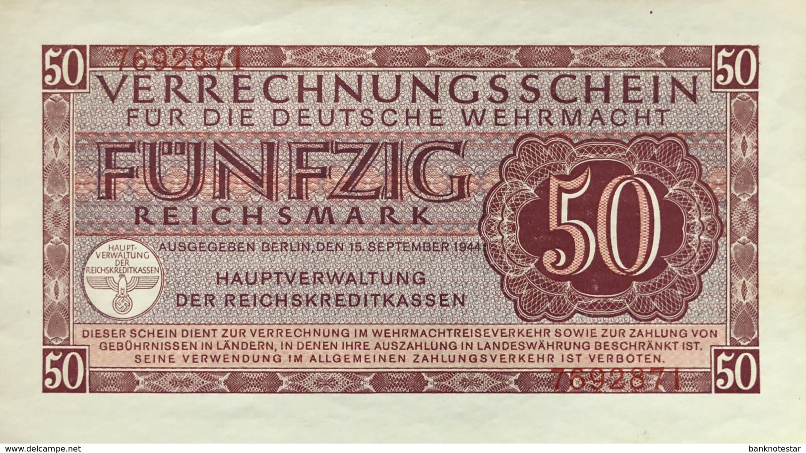 Germany 50 Reichsmark 1944 AU, Ro.514/DWM-11 - Verrechnungsscheine - Dt. Wehrmacht