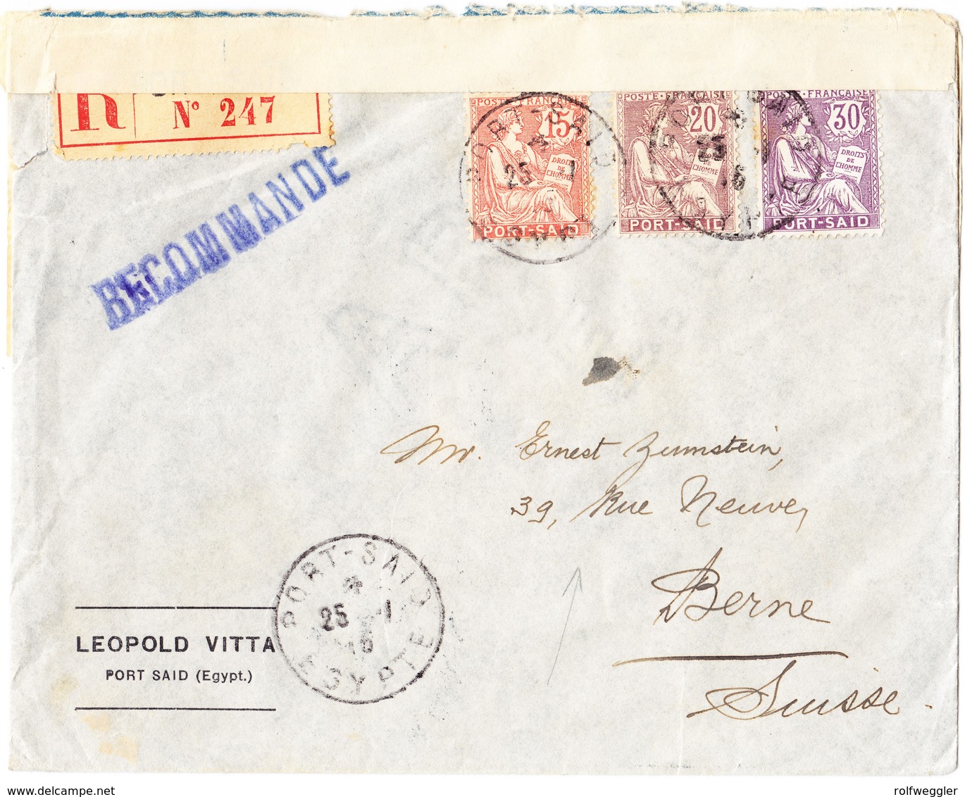 1915 Zensurierter R-Brief Aus Port Said An Ernst Zumstein Bern; Leichte Gebrauchsspuren - Lettres & Documents