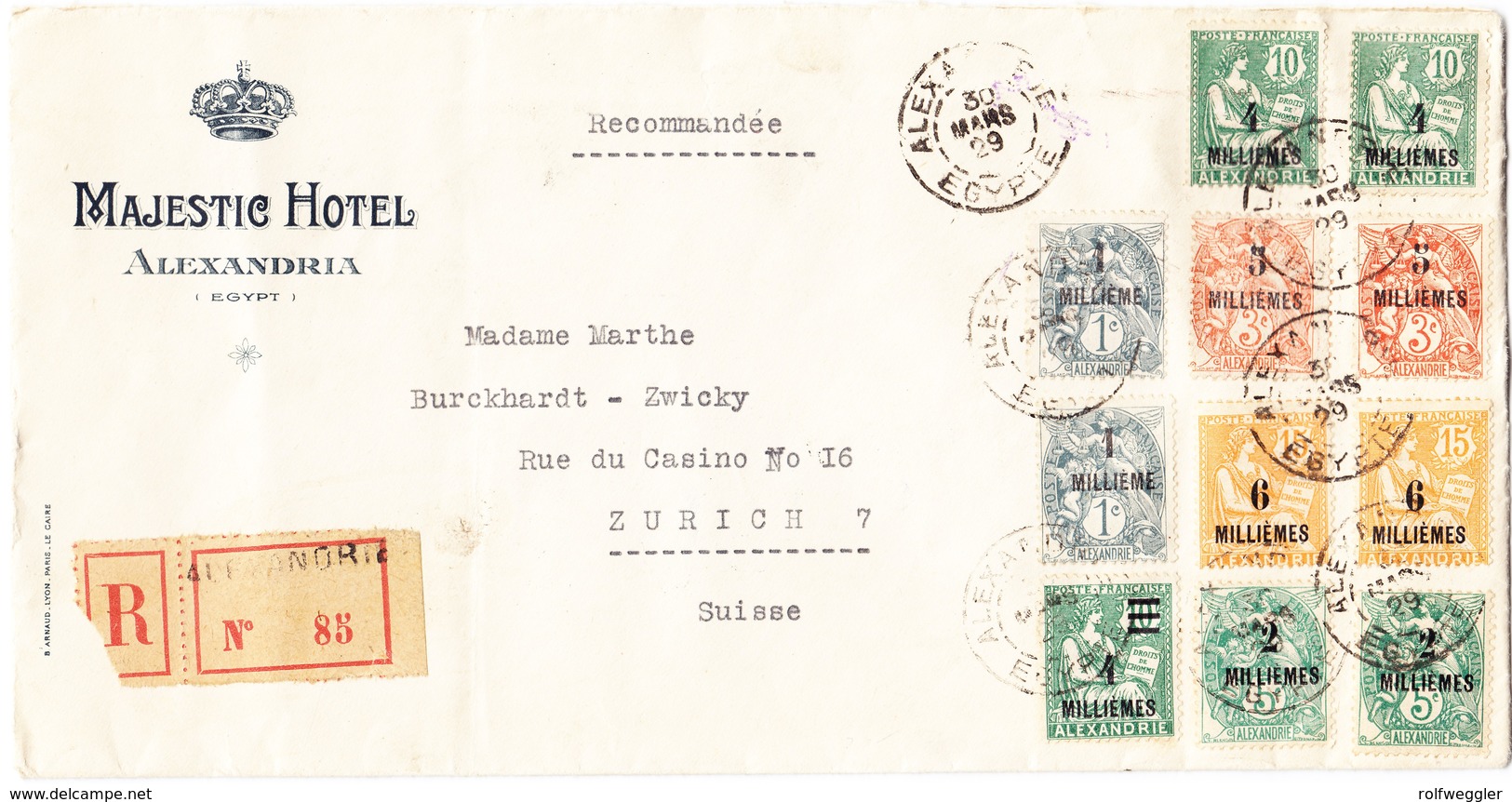 1929 Majestic Hotel In Alexandria R-Brief Frankiert Mit 11 Marken Nach Zürich;links Leichter Bug - Briefe U. Dokumente