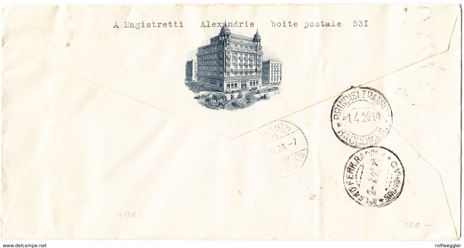 1929 Majestic Hotel In Alexandria R-Brief Frankiert Mit 11 Marken Nach Zürich;links Leichter Bug - Brieven En Documenten