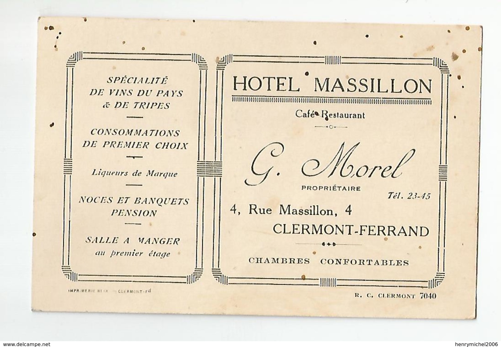 Carte De Visite Hotel Massillon Morel Au N4 Rue A Clermont Ferrand 63 - Cartes De Visite