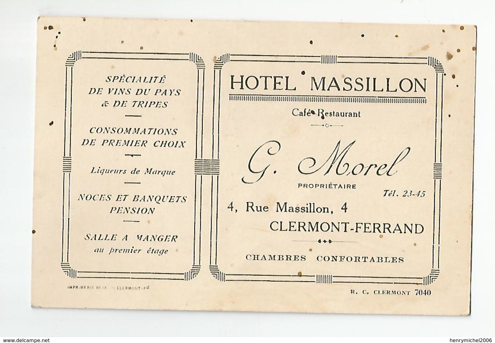 Carte De Visite Hotel Massillon Morel Au N4 Rue A Clermont Ferrand 63 - Tarjetas De Visita