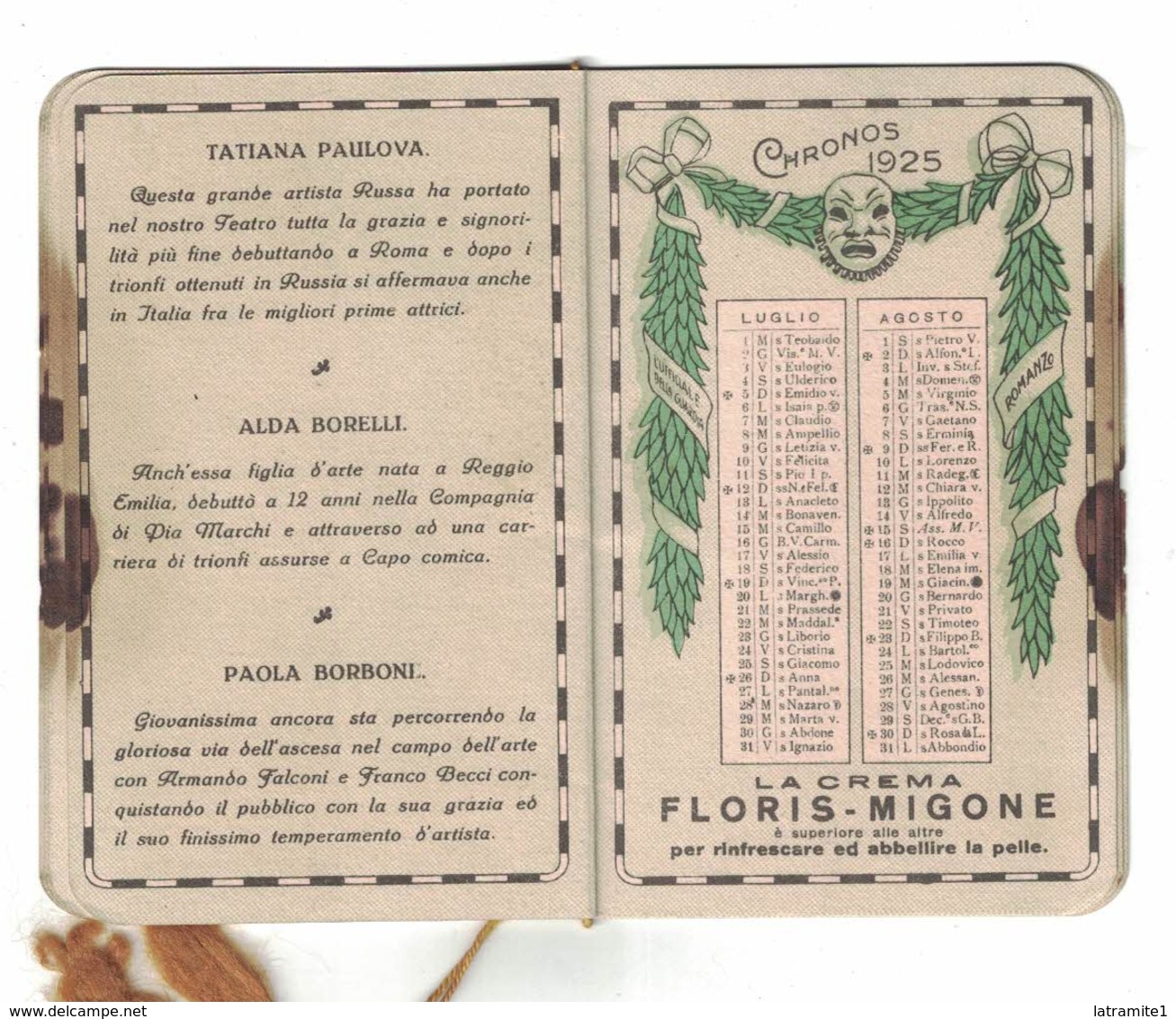 CALENDARIETTO  CHRONOS MIGONE 1925 STELLE DEL TEATRO DI PROSA - Autres & Non Classés