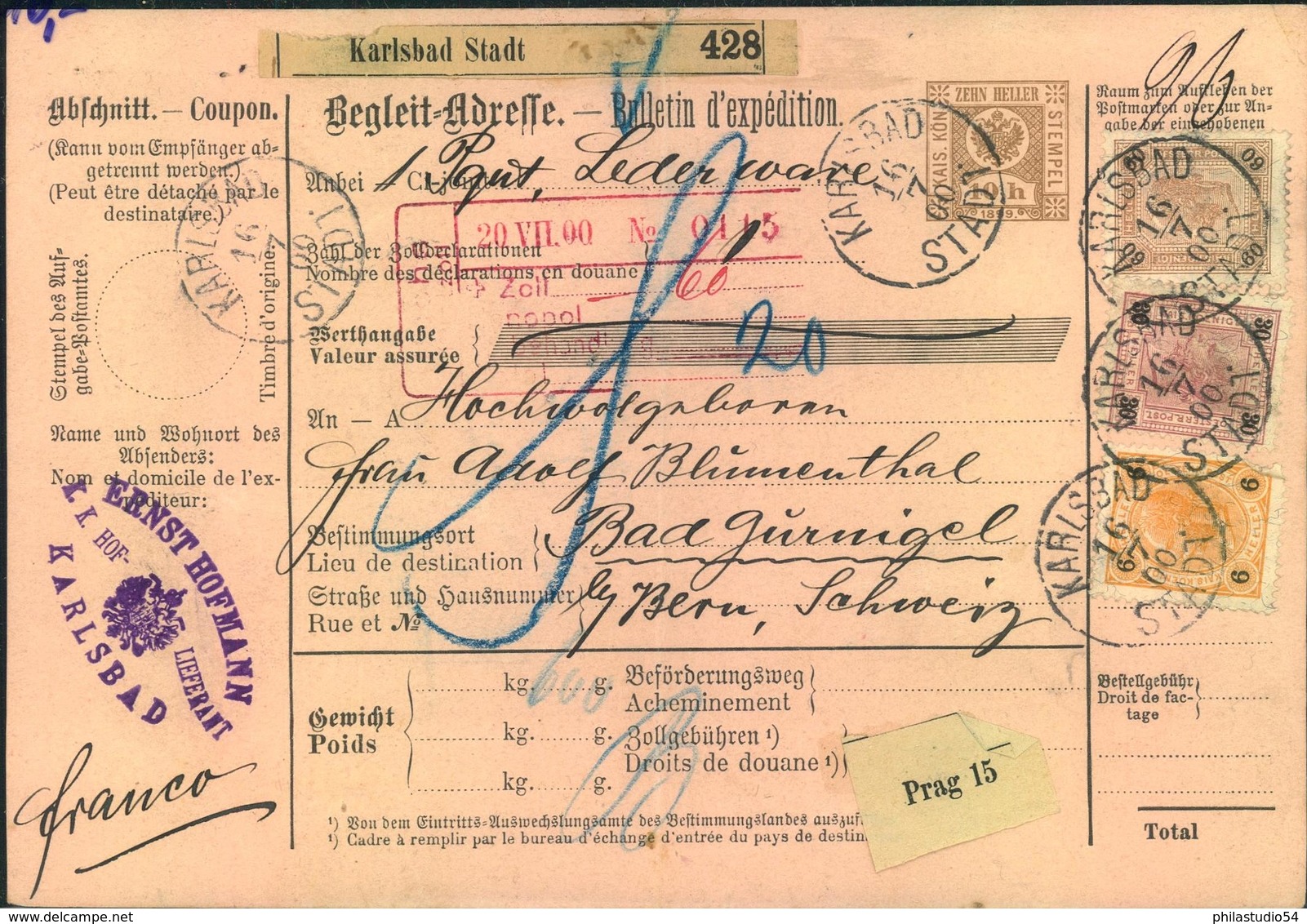 1900, Frankierte Paket-Begleitadresse Ab KARLSBAD In Die Schweiz - Autres & Non Classés