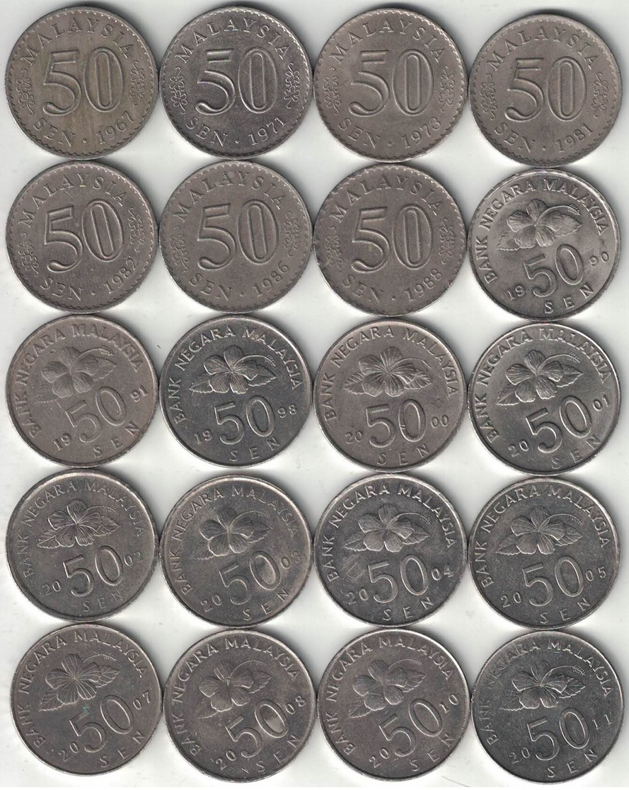 Malaysia Collection Of 20x 50 Sen Coins 1967-2011 All Listed & Different - Malaysia