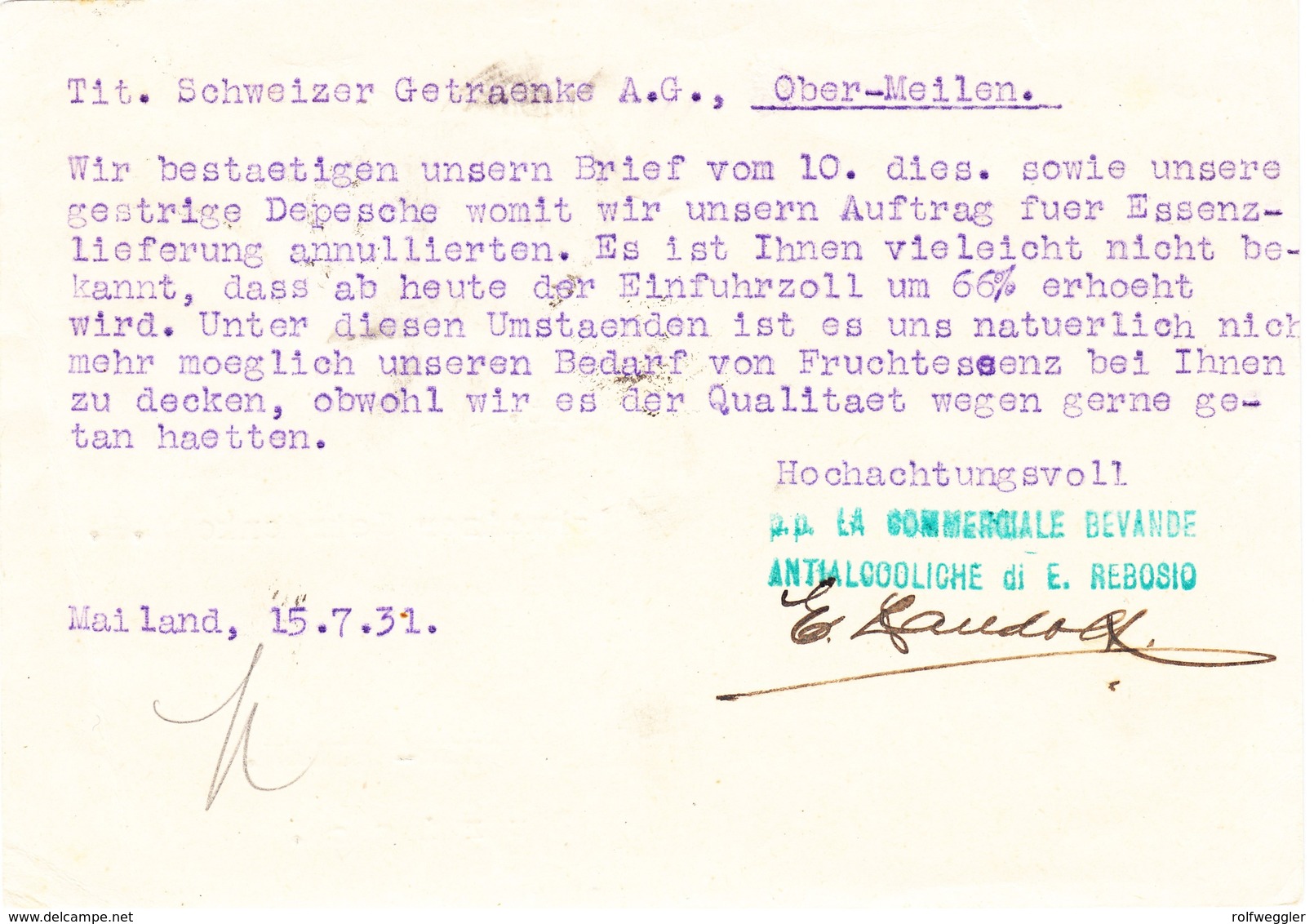 1931 30 Cent  Ganzsachenkarte An Die Schweizer Getränke AG Obermeilen - Ganzsachen