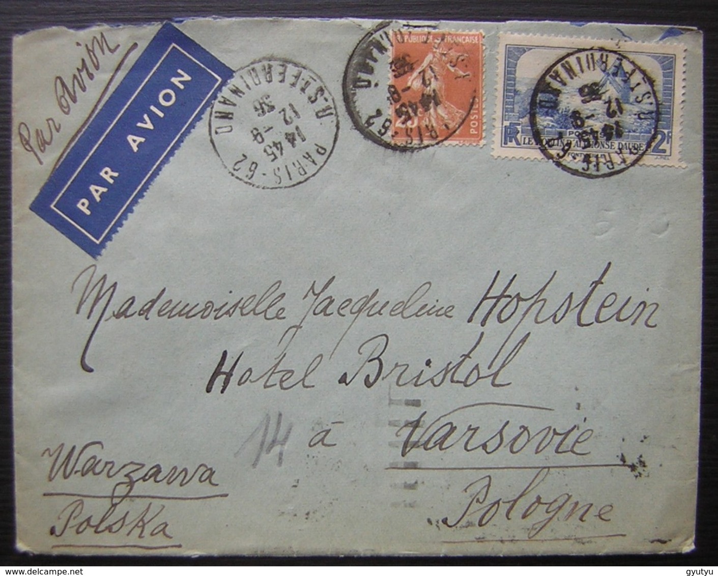 1936 Lettre Pour L'Hôtel Bristol à Varsovie (Pologne) - 1921-1960: Période Moderne