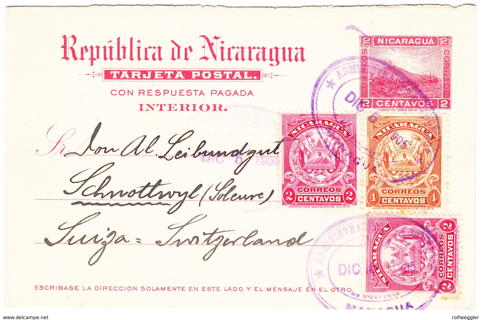 1905 Antwort Ganzsache Mit Zusatzfrankatur Aus Managua Nach Schnottwil - Nicaragua